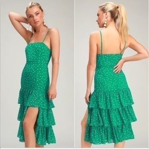NWT lulus Nellie green polka dot tiered midi dress